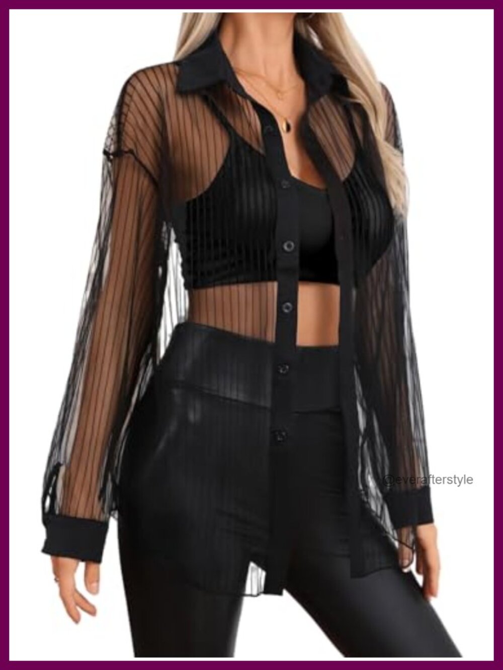 Sheer Mesh Button Up Blouse Long Sleeve Drop Shoulder Oversized Top